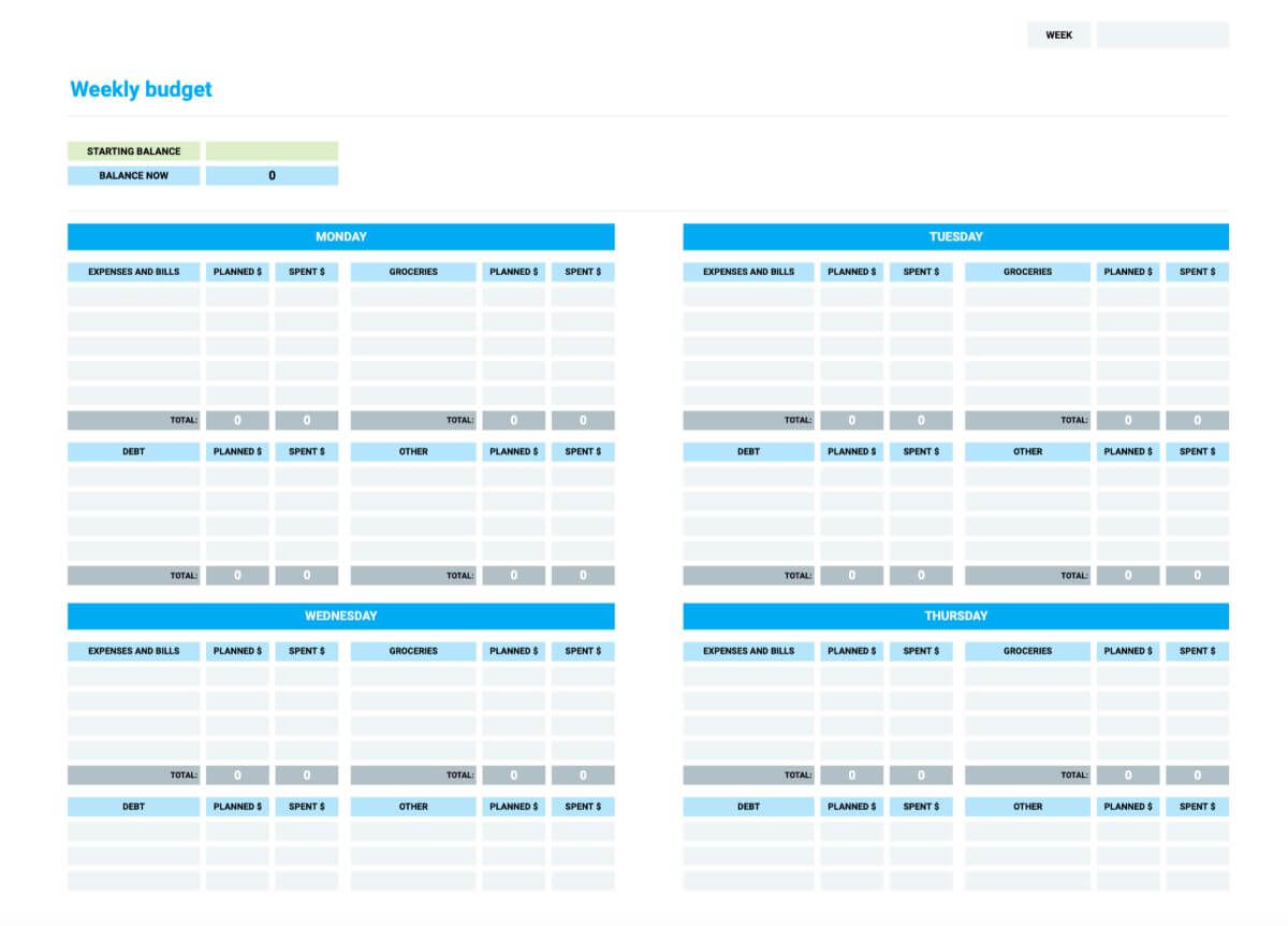 Detailed Weekly Budget Template