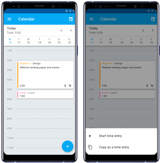 Captura de tela do calendário do app de rastreamento de tempo para Android