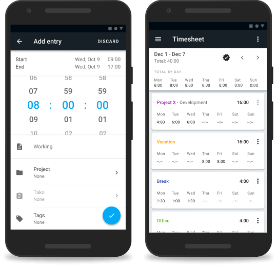 Android time tracking app screenshot of adding time manually and timesheet