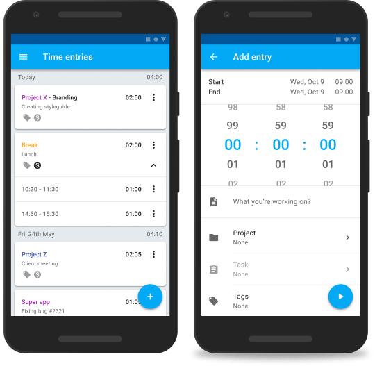 Android GPS time clock app screenshot of timer