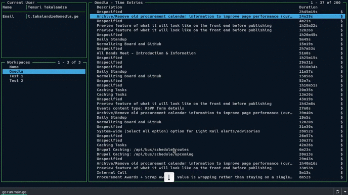 Linux time tracking app screenshot of terminal