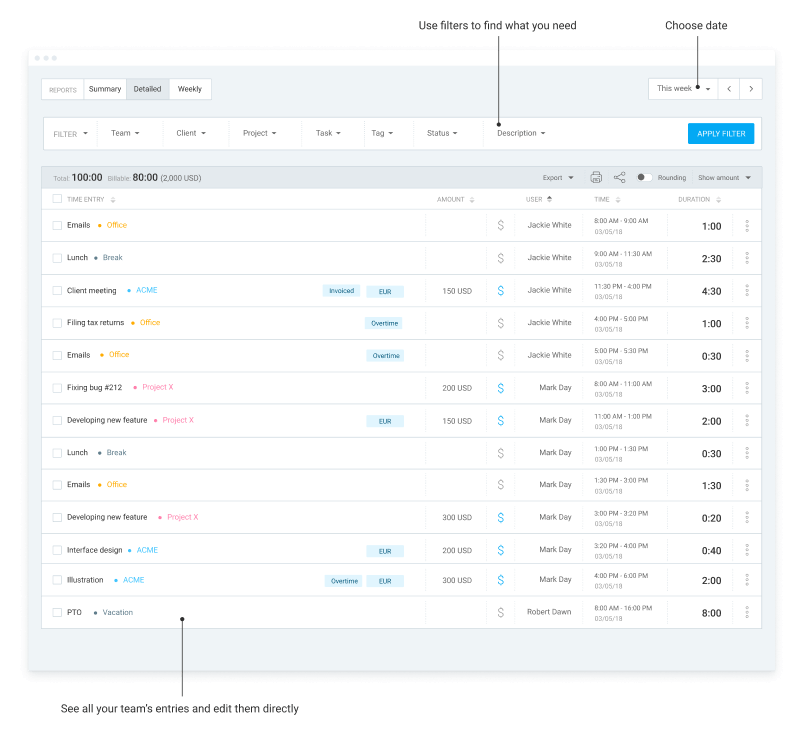 Detailed time reporting system