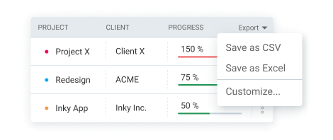 Export projects and customize data