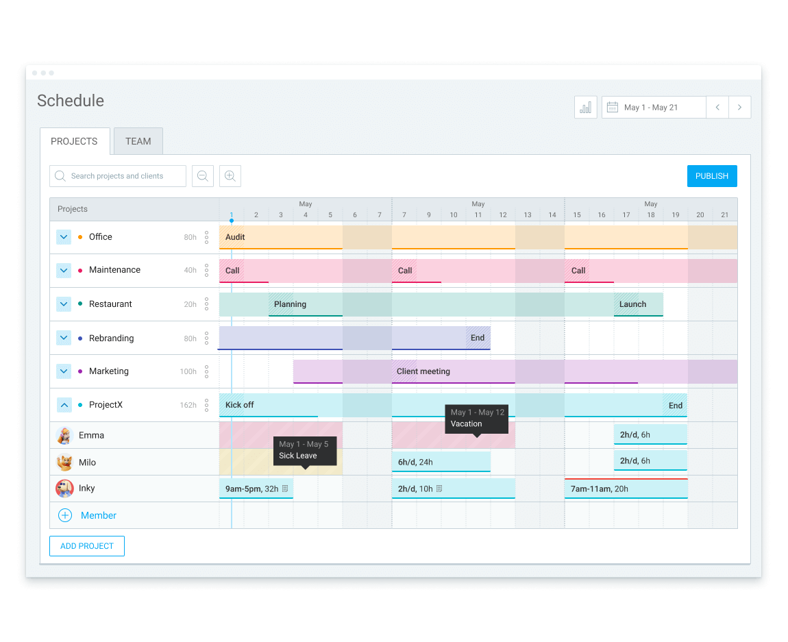 Project and team scheduling feature in Clockify (screenshot)