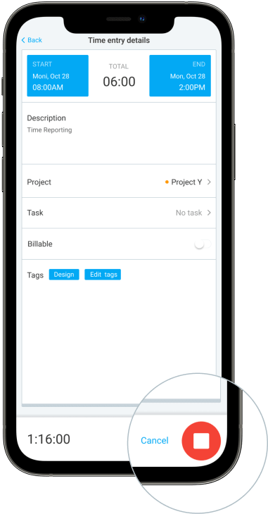 iPhone time tracking app screenshot of editing details