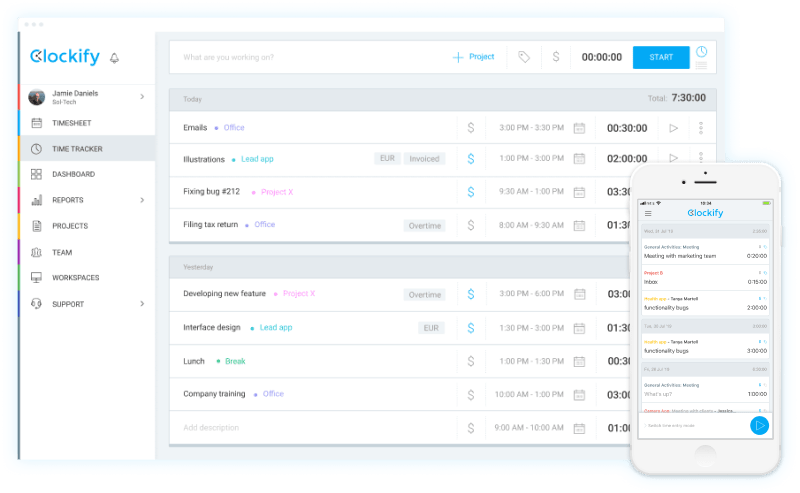 Employees track hours using a timer in Clockify time clock app